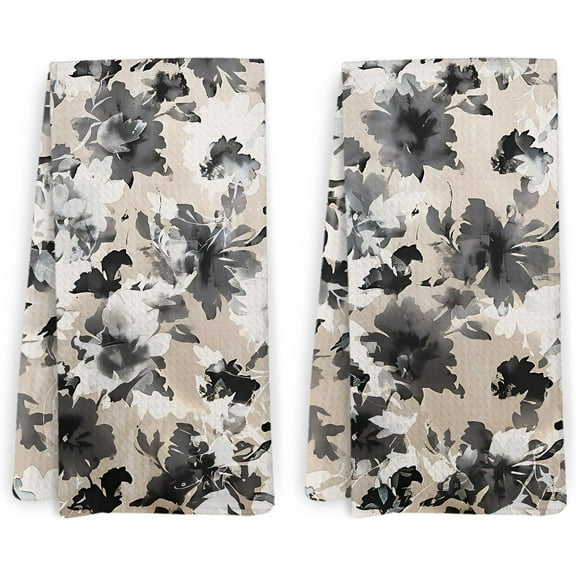 Vintage Floral Kitchen Towels and Dishcloths Set of 2, Boho Dish Towels, Black and Beige Flower Hand Towels for Bathroom, Retro Abstract Kitchen Towels Gifts for Women,1624 Inch