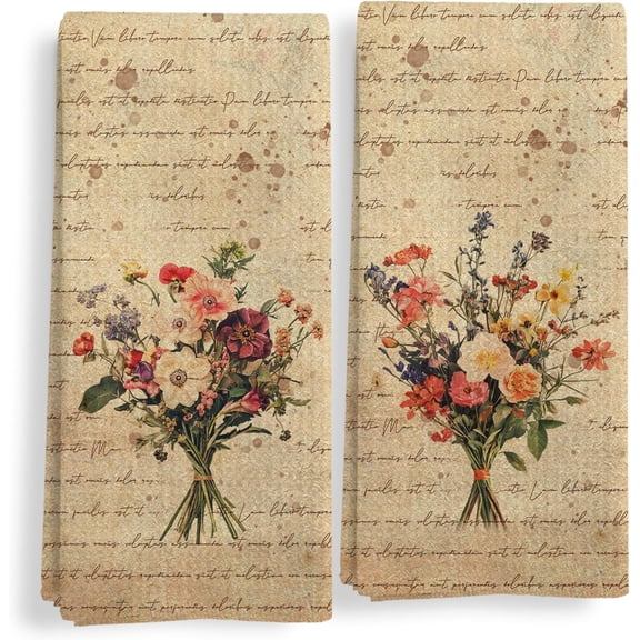 Vintage Floral Kitchen Towels Set of 2, Floral Hand Towels for Bathroom, Retro Rustic Cottagecore Flower Bouquet Decorative Dish Tea Towels for Kitchen Decor, 16X24In