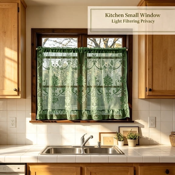 Vintage Floral Lace Cafe Tier Curtain, Rod Pocket Sheer Short Window Curtain for Kitchen Bathroom Small Windows, 1 Panel, Curtain Rod Not Included