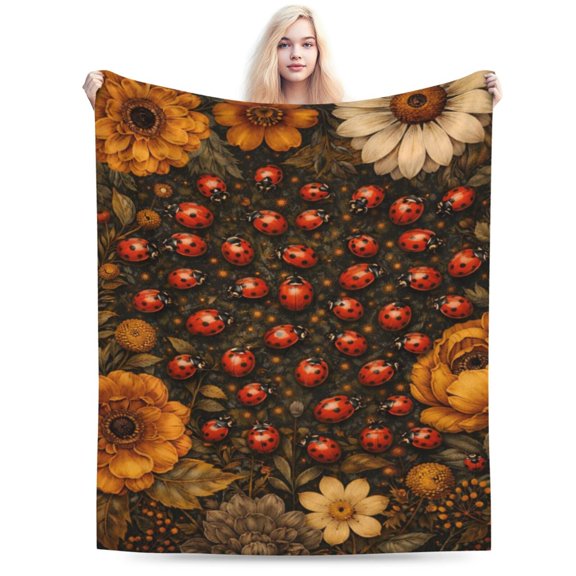 Vintage Floral Ladybug Pattern Throw Blanket, Soft Decorative Blanket for Sofa Couch Bed Home Décor 50x40