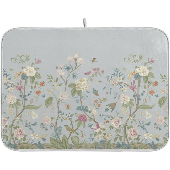 Vintage Floral Leaves Bloom Gray Dish Drying Mat for Kitchen Pastel Colors Microfiber Drying Mats Absorbent Reversible Dish Pad Medium Dish Draining Mat 16x18 inch