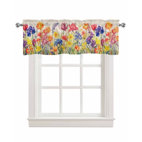 Vintage Floral Linen Curtain Valance for Bedroom/Bathroom/Kitchen/Office/Living/Dining Room Window,Rainbow Color Garden Blossom Watercolor Rod Pocket Topper Decorative Cafe Drapes Panel 54"x18"