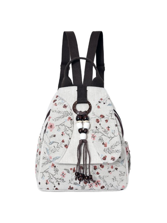 Vintage Floral Linen Daypack Backpack for Women, MultiPurpose Casual Travel Shoulder Bag with Bead Tassel, AntiTheft Back Pocket