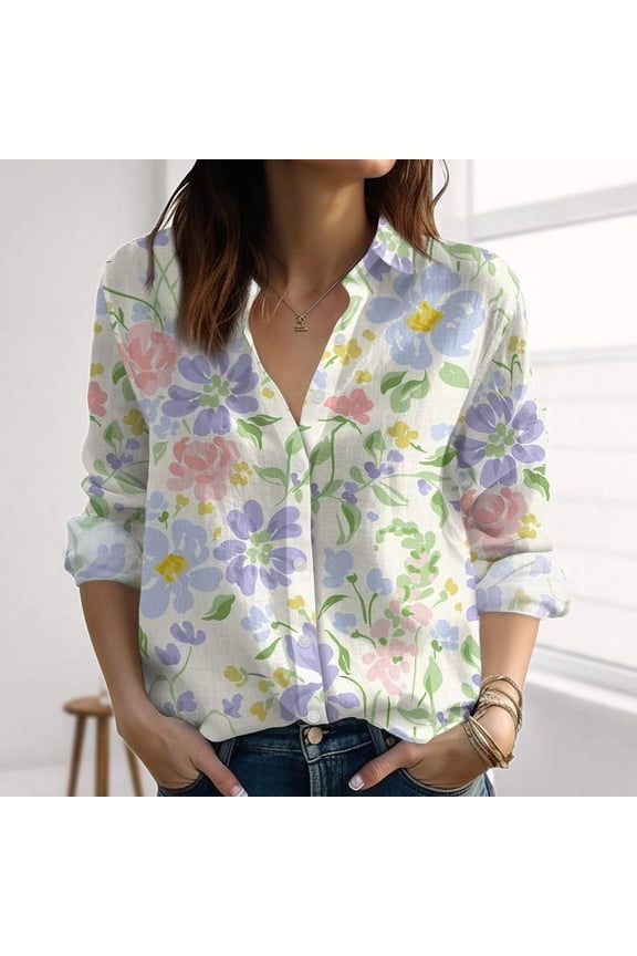 Vintage Floral Linen-Look Shirt, Cottagecore Blouses Top Women, Nature Love Casual Shirt, Watercolor Flowers Shirt, Summer Gift For Her, Button Up Shirt, Blouses Tops Women, Gift for Mother