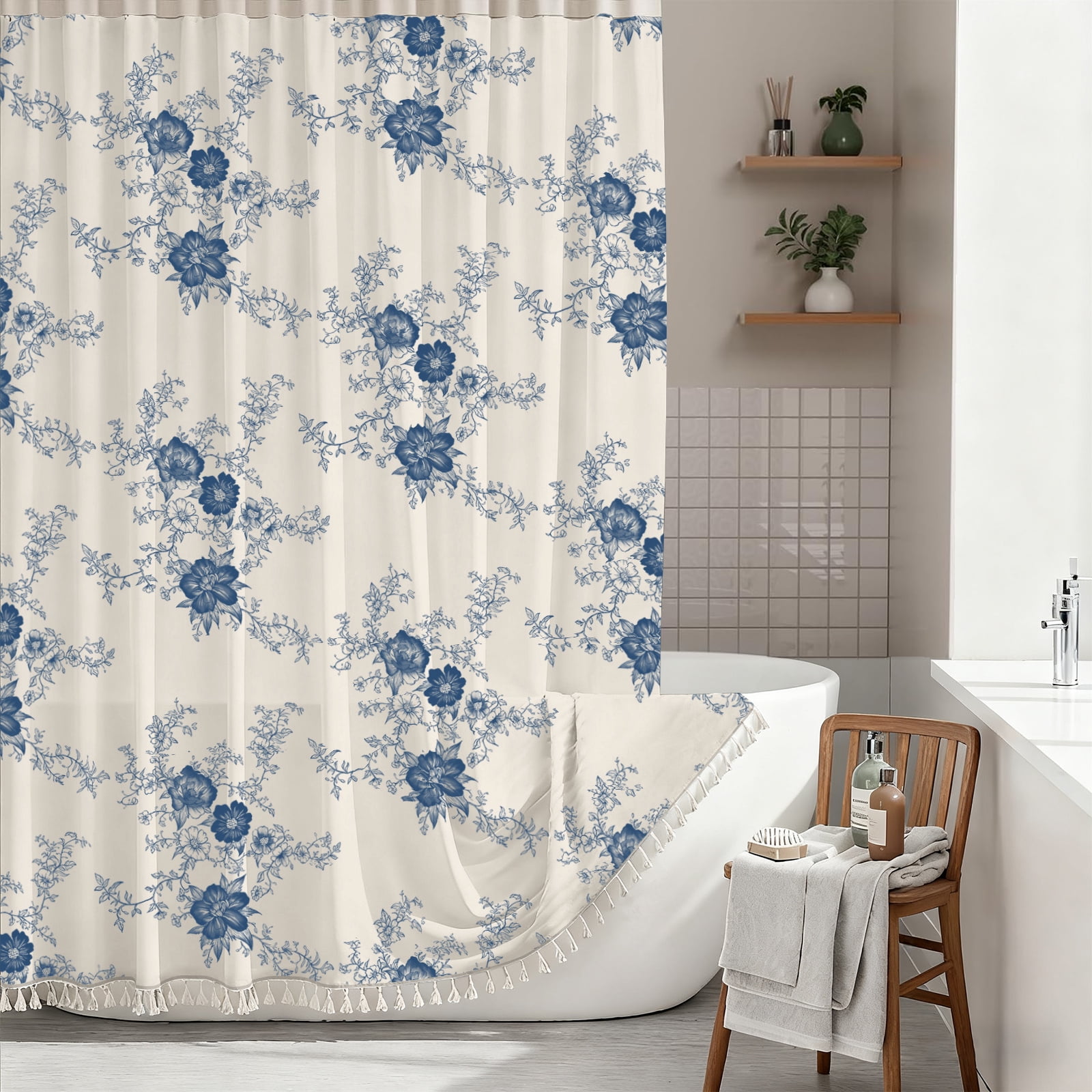 Vintage Floral Linen Shower Curtain - Bird & Leaf Print Pattern Farmhouse Rustic Toile Shower Curtains for Bathroom - French Country Bathroom Decor,72x72 Bath Curtain