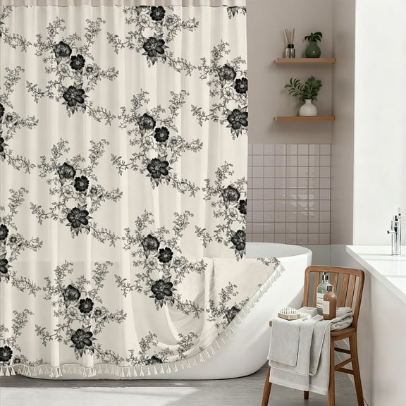 Vintage Floral Linen Shower Curtain - Bird & Leaf Print Pattern Farmhouse Rustic Toile Shower Curtains for Bathroom - French Country Bathroom Decor,72x72 Bath Curtain