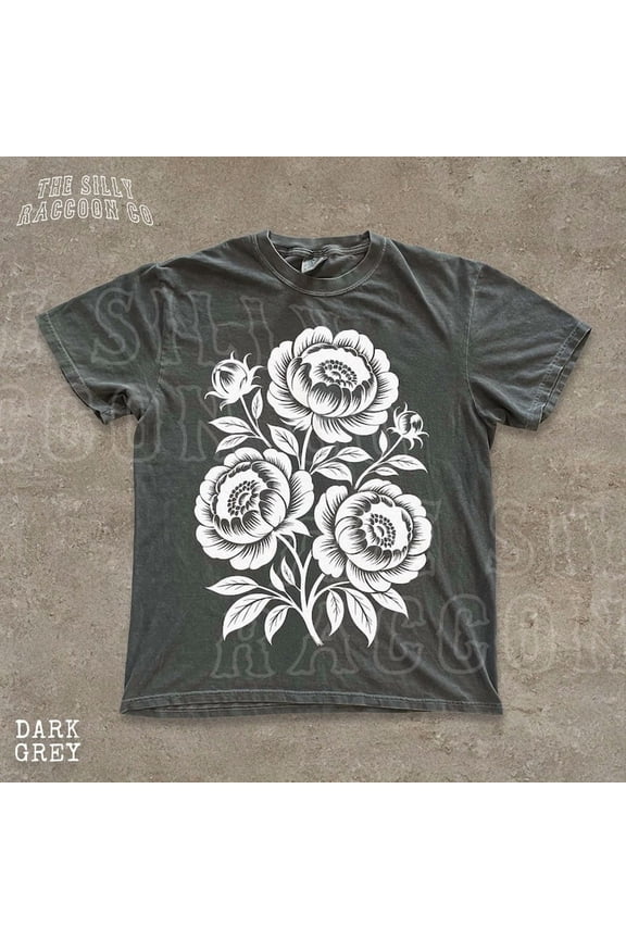 Vintage Floral Linocut Shirt Cottagecore Tee Botanical Peony Flower Design Folk Art Graphic Tshirt Nature Lover Gift Women Men BLACK Unisex S-5XL Hot Trending Shirt, Vintage Birthday Gift