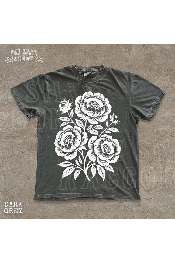 Vintage Floral Linocut Shirt Cottagecore Tee Botanical Peony Flower Design Folk Art Graphic Tshirt Nature Lover Gift Women Men BLACK Unisex S-5XL Hot Trending Shirt, Vintage Birthday Gift