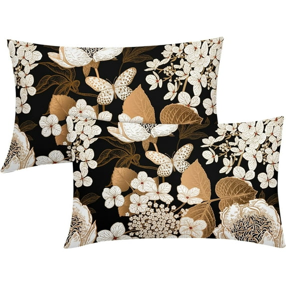 Vintage Floral Lumbar Pillow Covers 12X20 Inch Set of 2 White Flowers Gold Leaves Botanical Decorative Pillow Cases Rustic Leaf Black Cotton Linen Cushion Case Farmhouse Home Decor for Sofa Couch