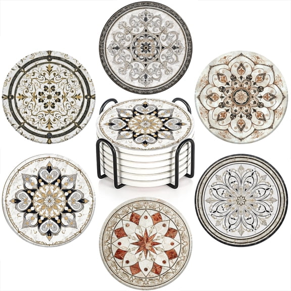 Vintage Floral Marble Ceramic Coasters with Black Holder, Set of 6 Ceramic Coasters for Coffee Table Decor, Absorbent Ceramic Drink Coasters with Cork Backing for Table Protection