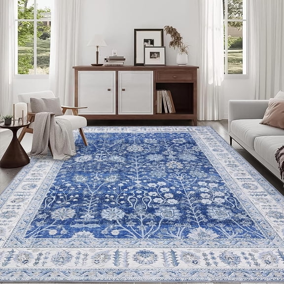 Vintage Floral Medallion Area Rug 9x12 - Machine Washable Waterproof Soft Faux Wool Non-Slip Low Pile Kid & Pet Friendly Décor (Blue)