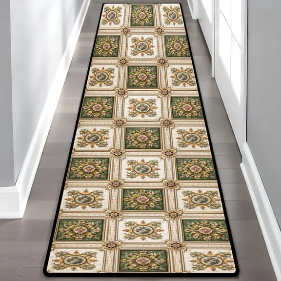 Vintage Floral Medallion Runner Rug, Green Gold Ornate Hallway Runner, Traditional Victorian Style Washable Floor Mat for Entryway Kitchen