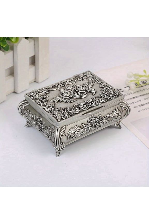Vintage Floral Metal Jewelry Box-Silvery Antique Trinket Box with Ring Rolls & Compartments, Small Jewelry Box for Rings Earrings Necklaces, Decorative Box for Home Decor & Womens Keepsake Gift