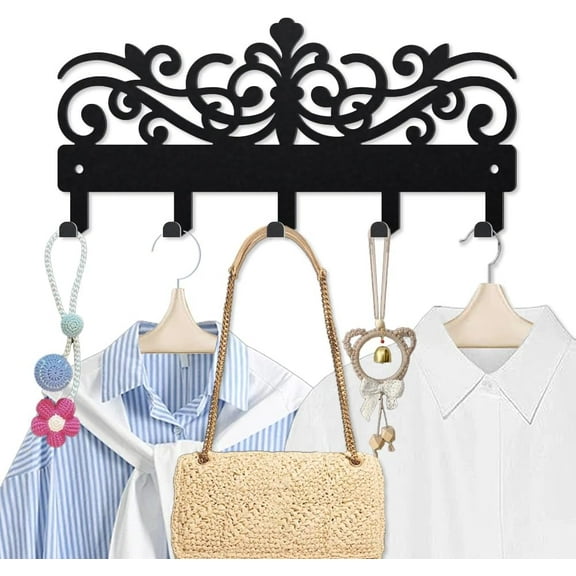 Vintage Floral Metal Key Hook Scroll Floral Coat Rack Wall Mounted 9.84.5inch with 5 Hooks Black Wall Art Key Holder