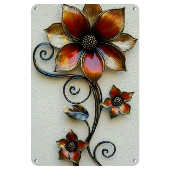 Vintage Floral Metal Wall Art Sign 8"x12" – Rustic Tin Plate with Intricate Orange & Brown Flower Design, Black Spiral Accents, Perfect for Home, Cafe, Office, or Garden Decor, Flower Wall Decor