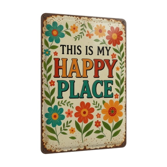 Vintage Floral Metal Wall Sign, "This Is My Happy Place" Decorative Tin Sign, Waterproof Sunproof Wall Art for Home and Patio, 8 X 12 Inch
