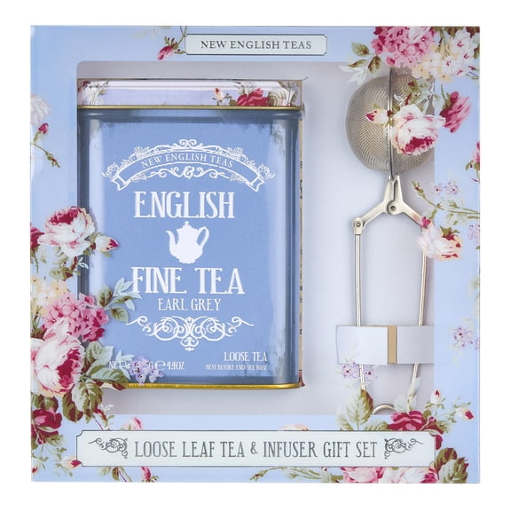 New English Teas Earl Grey Loose Leaf Gift Set with Infuser, Vintage Floral Tin, 4.4 Oz