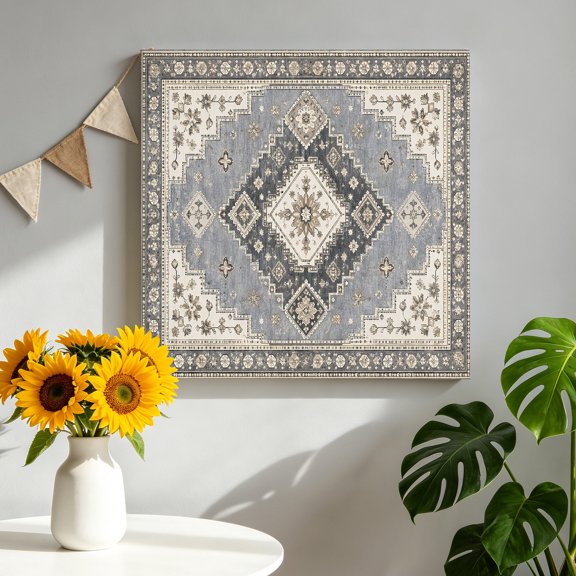 Vintage Floral Motifs Canvas Wall Art, Boho Medallion Center Beige Border Rustic Framed Canvas Wall Decor Picture Print Artwork Decorations for Living Room Office Ready to Hang 8" x 8"