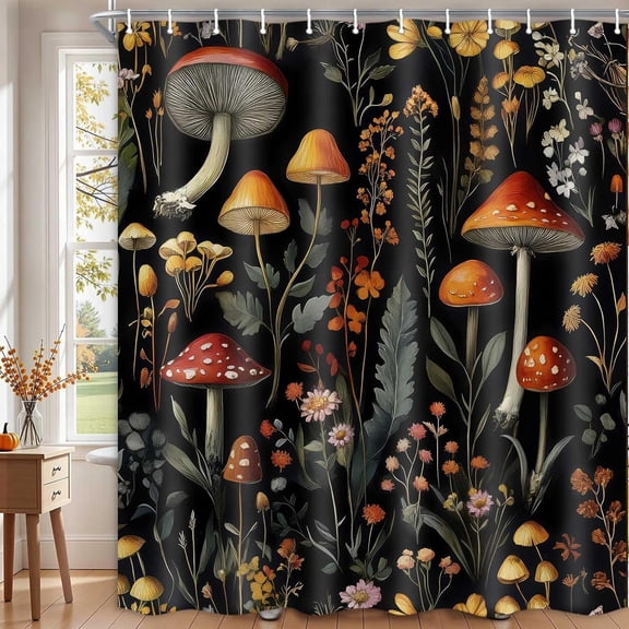 Vintage Floral Mushroom Cute Shower Curtain, Retro Nature Plant Dark Boho Shower Curtain Set, Cottagecore Botanical Flower Aesthetics Fabric Waterproof Restroom Decor Accessories with Hooks 72X72IN