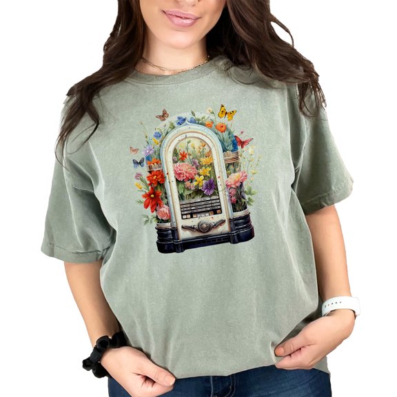 Vintage Floral Music Player T-Shirt, Retro Music Tee, Artistic Flower Print Shirts, Music Lover Gift, Unique Graphic Tees for Men and Women, Moss Comfort Colors T-Shirt, Large