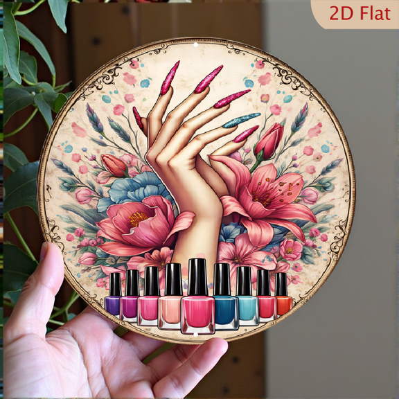 Vintage Floral Nail Art Round Aluminum Wall Decor, Elegant Feminine Manicure Illustration Metal Sign, 8 x 8 Inch Decorative Medallion