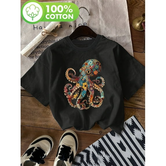 Vintage Floral Octopus Print T-Shirt, Short-Sleeve Round Neck Casual Top, Suitable for Summer And Spring, Women's Clothing.