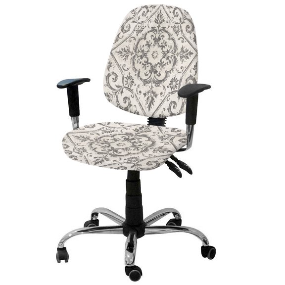 Vintage Floral Office Chair Covers Stretchable Classical Beige Grey Damask Distressed Pattern Split Computer Desk Chair Cover Universal Spandex Chair Seat Covers Rotating Boss Arm Chair Slipcovers