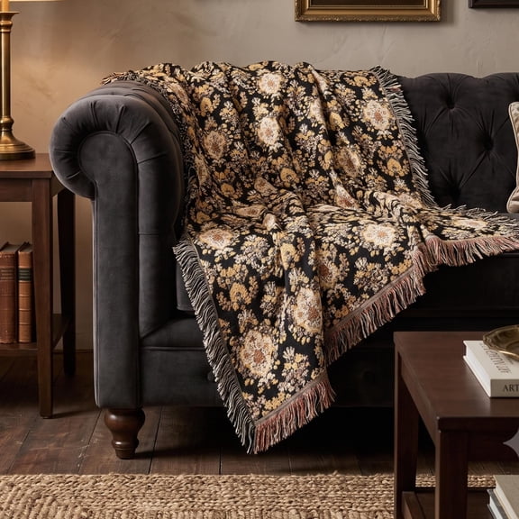 Vintage Floral Ornate Damask Woven Throw Blanket, Cotton with Fringed Edges for Living Room Decor