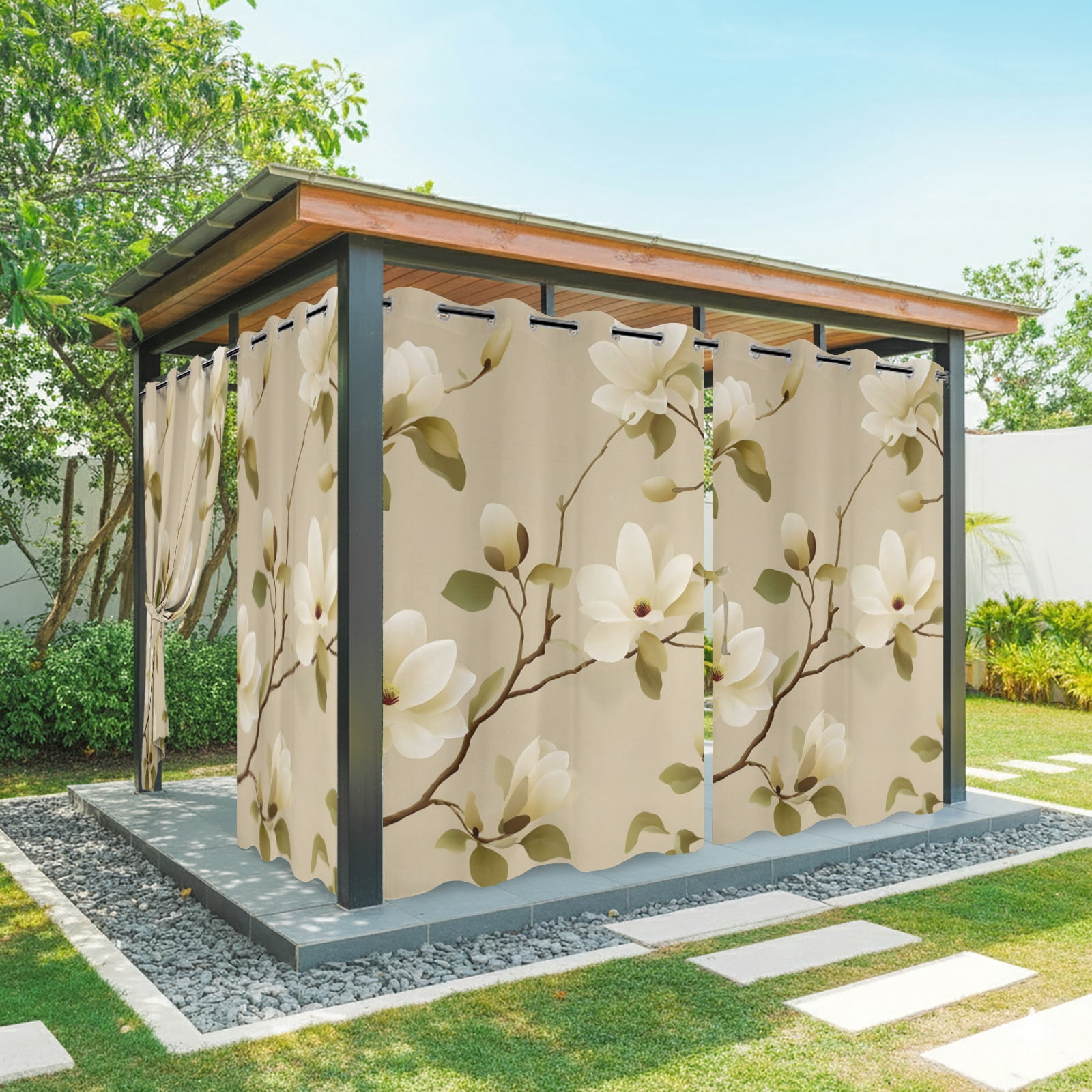 Vintage Floral Outdoor Curtains for Patio, Magnolia Flowers Branches Rustic Botanical Beige Sunshade Privacy Drapes Grommet Waterproof Outside Curtains for Porch/Cabana/Balcony 54"x 108", 1 Panel