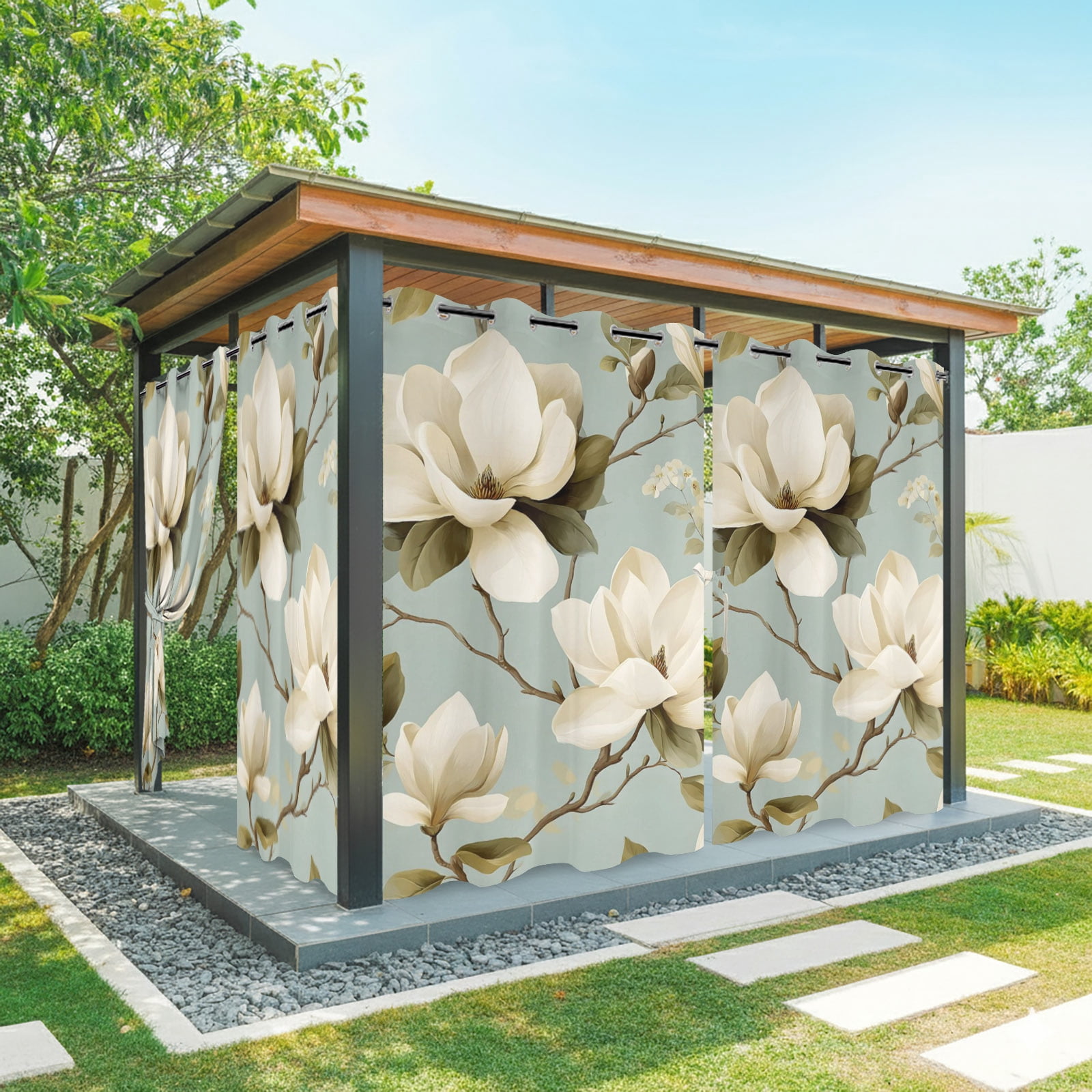 Vintage Floral Outdoor Curtains for Patio, Magnolia Flowers Branches Rustic Botanical Teal Sunshade Privacy Drapes Grommet Waterproof Outside Curtains for Porch/Cabana/Balcony 54"x 108", 1 Panel