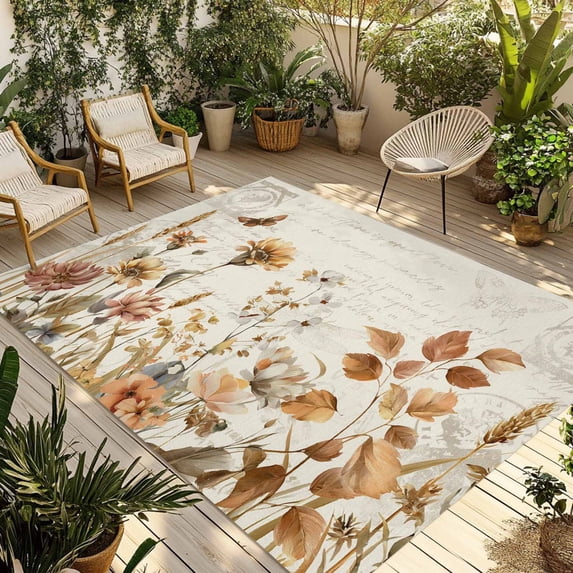 Vintage Floral Outdoor Rug for Patio/Deck/Porch, Non-Slip Large Area Rug 3 x 5 Ft, Spring Flowers Eucalyptus Leaves Retro Indoor Outdoor Rugs Washable Area Rugs, Reversible Camping Rug Carpet Runner