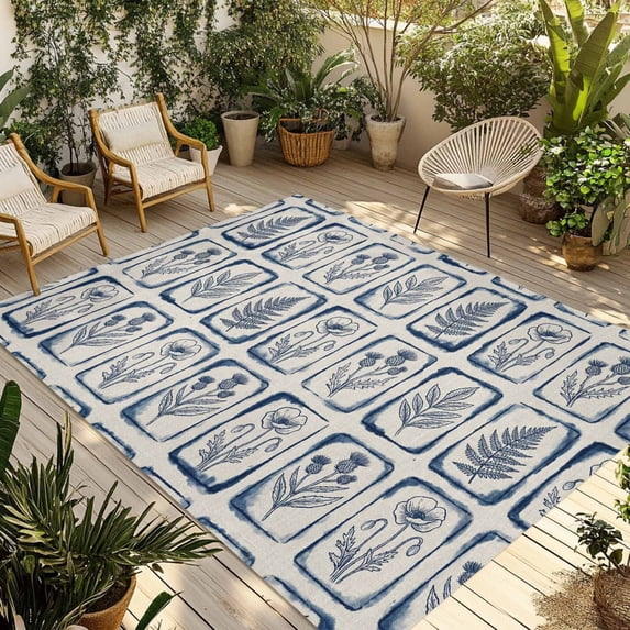 Vintage Floral Outdoor Rug for Patio/Deck/Porch, Non-Slip Large Area Rug 4 x 6 Ft, Country Tie-dye Flowers Plants Blue Beige Indoor Outdoor Rugs Washable Area Rugs, Camping Rug Carpet Runner