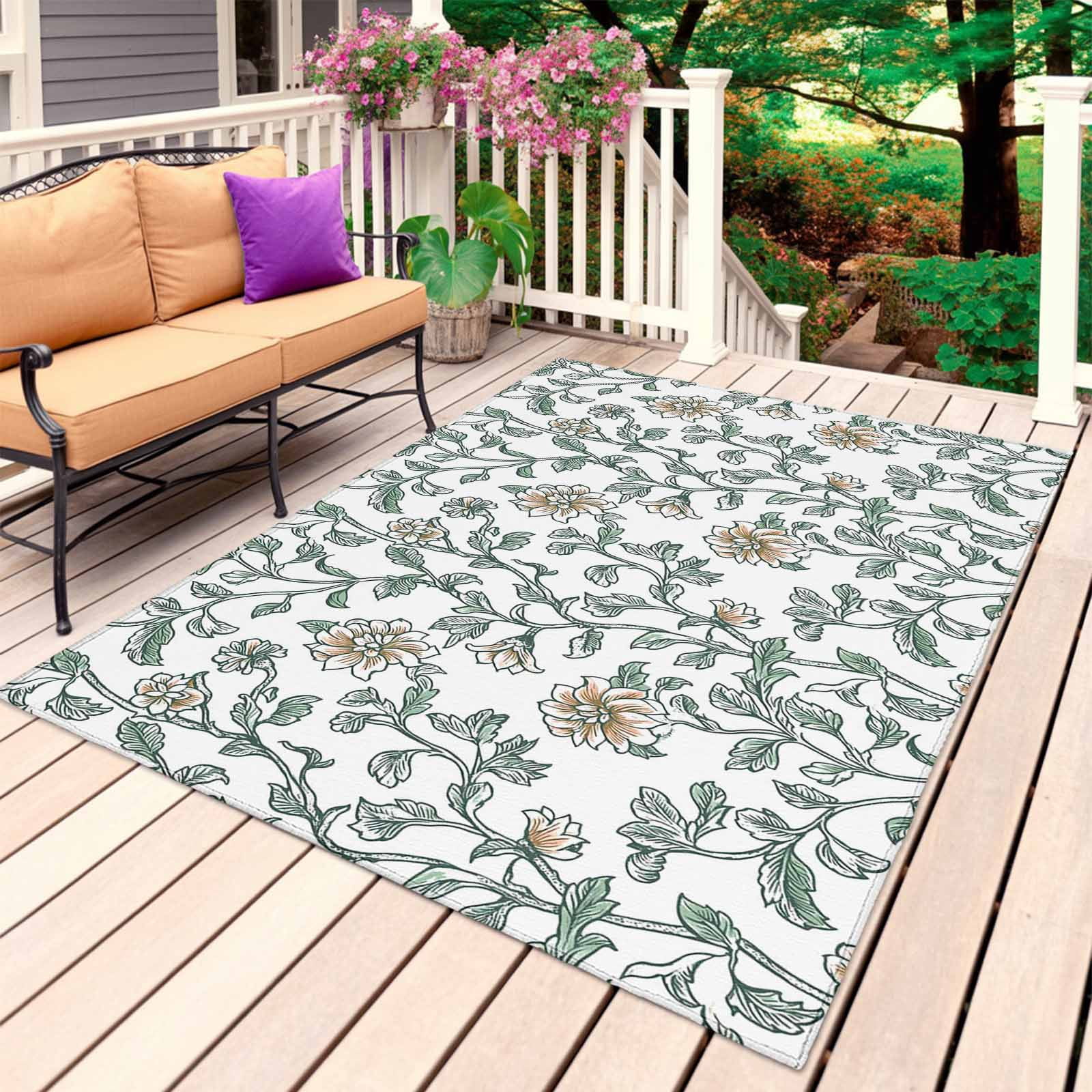 Vintage Floral Outdoor Rug for Patio/Deck/Porch, Non-Slip Large Area Rug 4 x 6 Ft, Watercolor Green Flower Leaf Plant Indoor Outdoor Rugs Washable Area Rugs, Reversible Camping Rug Carpet Runner