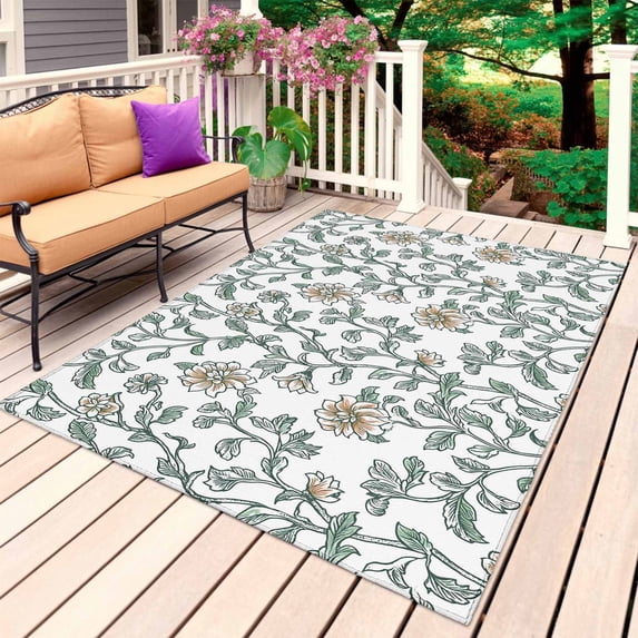Vintage Floral Outdoor Rug for Patio/Deck/Porch, Non-Slip Large Area Rug 4 x 6 Ft, Watercolor Green Flower Leaf Plant Indoor Outdoor Rugs Washable Area Rugs, Reversible Camping Rug Carpet Runner