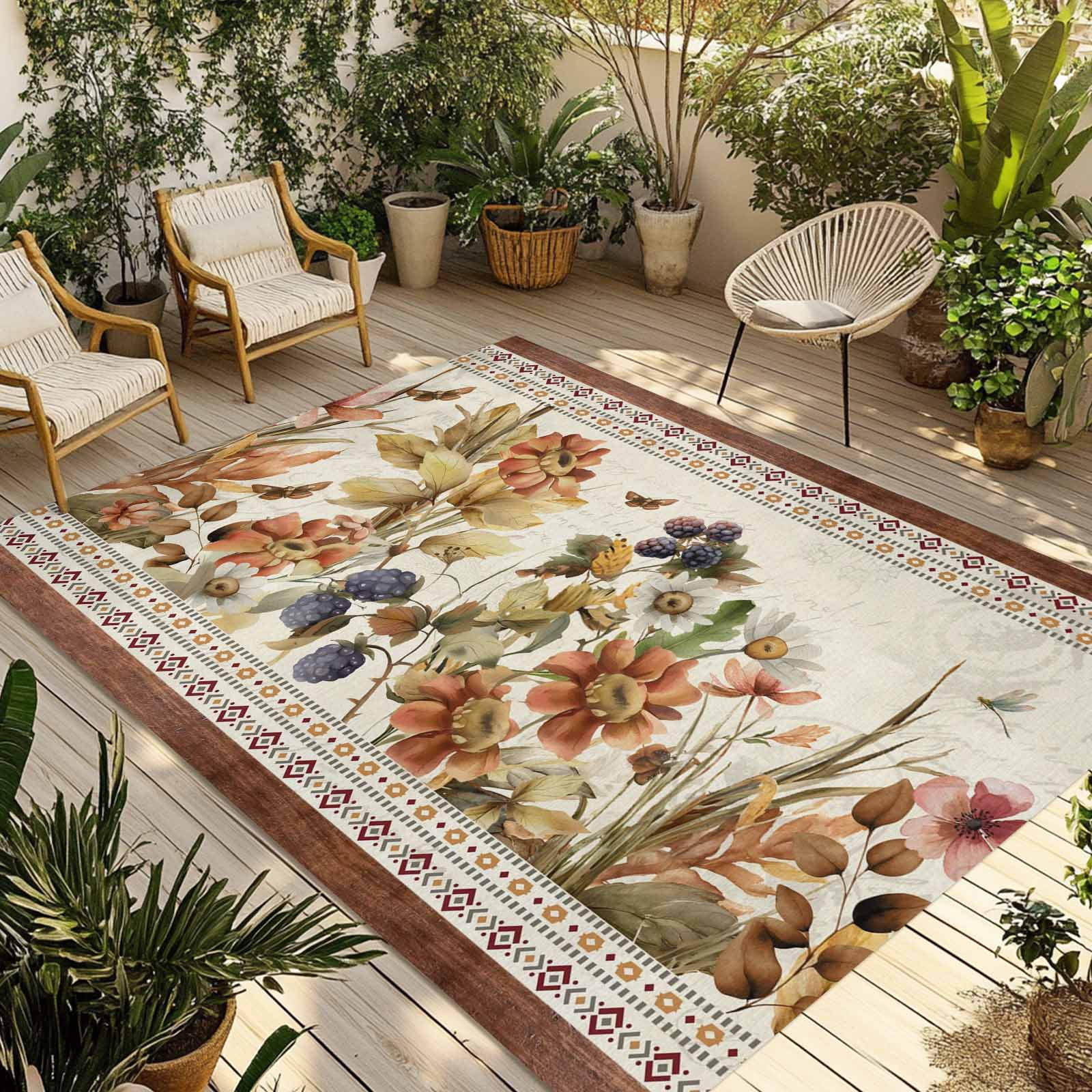 Vintage Floral Outdoor Rug for Patio/Deck/Porch, Non-Slip Large Area Rug 5 x 8 Ft, Elegant Pastoral Botanical Retro Art Indoor Outdoor Rugs Washable Area Rugs, Reversible Camping Rug Carpet Runner