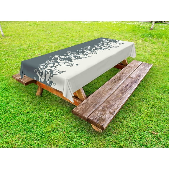 Vintage Floral Outdoor Tablecloth, Antique Ornament in Floral Style Old Fashion Curls Baroque Revival, Decorative Washable Fabric Picnic Table Cloth, 58 X 84 Inches,Charcoal Grey Beige, by Ambesonne