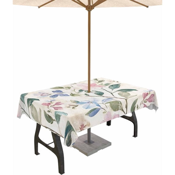 Vintage Floral Outdoor Tablecloth with Umbrella Hole and Zipper 60 x 84 Inch Watercolor Pink Blue Flowers Table Cover for Rectangular Table Waterproof Tabletop Collection for Patio Garden Farmhouse