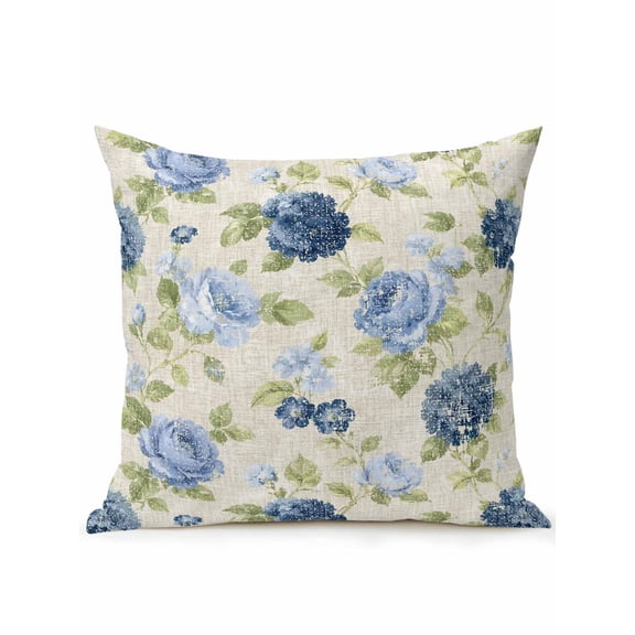 Vintage Floral Outdoor Throw Pillow with Insert, 16"x16" Botanical Blue Roses Green Leaf Linen Pattern Waterproof Decorative Square Patio Pillows for Outside Furniture, Sofa, Porch, Garden