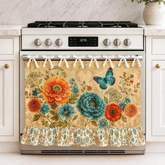 Vintage Floral Oven Skirt Curtain Blue Orange Butterfly Flowers Stove Curtain Tie Top Oven Skirt Decorative Stove Door Cover for Dishwashers Washing Machine