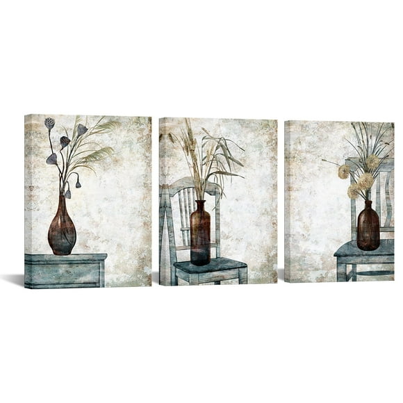 Vintage Floral Painting Canvas Wall Art Abstract Flower Bouquet in Brown Glass Bottle Picture Print for Dining Room (12'' x 16'' x 3 Panels)