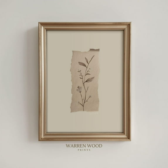 Vintage Floral Paper Print, Beige Wall Art, Ripped Paper Botanical Print, Neutral Flower Art, Rustic Floral Illustration, Antique Decor Home Decor #1453, Stretched Canvas Size 8x12