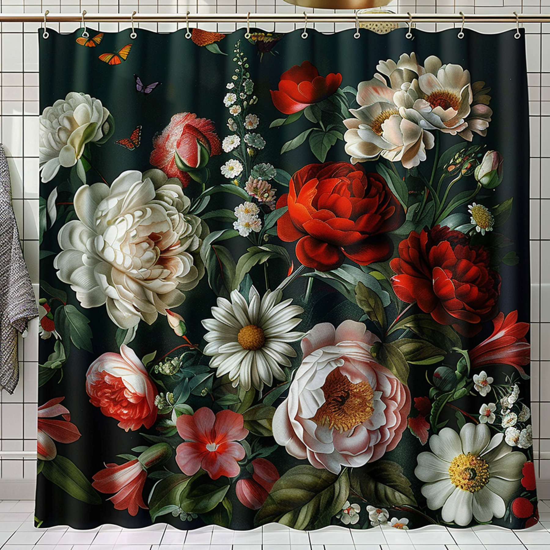 Vintage Floral Paradise: Dark Green Red & White Peonies Daisies Roses ...