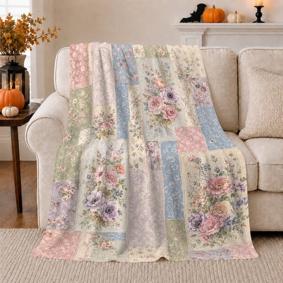 Vintage Floral Patchwork Pink Roses Bouquet Design, Cozy Botanical Garden Scene, Warm Flannel Blanket for Sunroom and Reading Nook, Garden Lovers Thanksgiving Gift, Botanical Home Decor