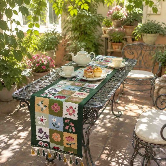 Vintage Floral Patchwork Table Runner,14*48in,Jacquard Linen Texture Table Flag with Multicolor Tassels, Elegant Decor Cloth for Dining Table, Sideboard, Coffee Bar and Farmhouse Home Decor