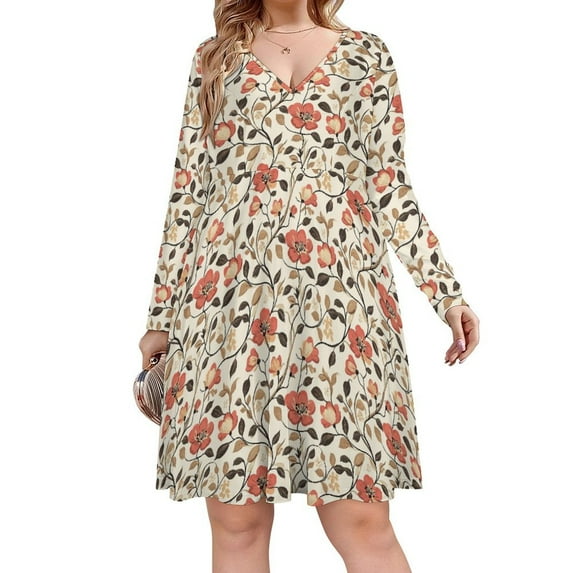 Vintage Floral Pattern Beautiful Red Long Sleeve Dresses For Women Vintage Elegant Party Dress Oversized V-neck Dress S-8XL
