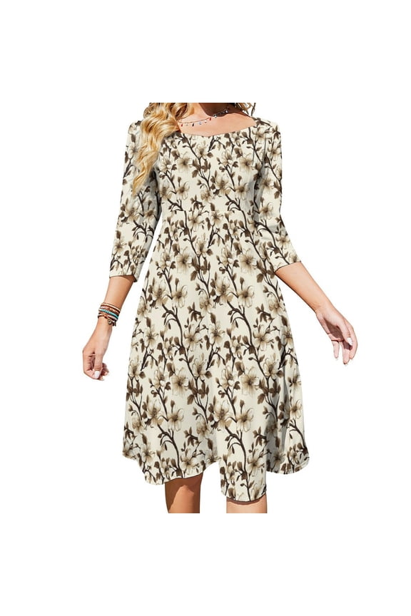 Vintage Floral Pattern Beautiful White Women's Fall Dresses Casual Loose Flowy Swing Shift Dress