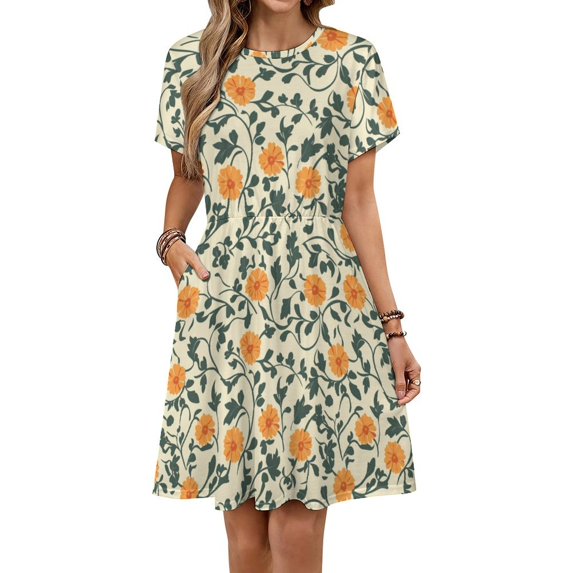 Vintage Floral Pattern Beautiful Yellow Short Sleeve Dress Women Summer Evening Dresses Ladies Sundress