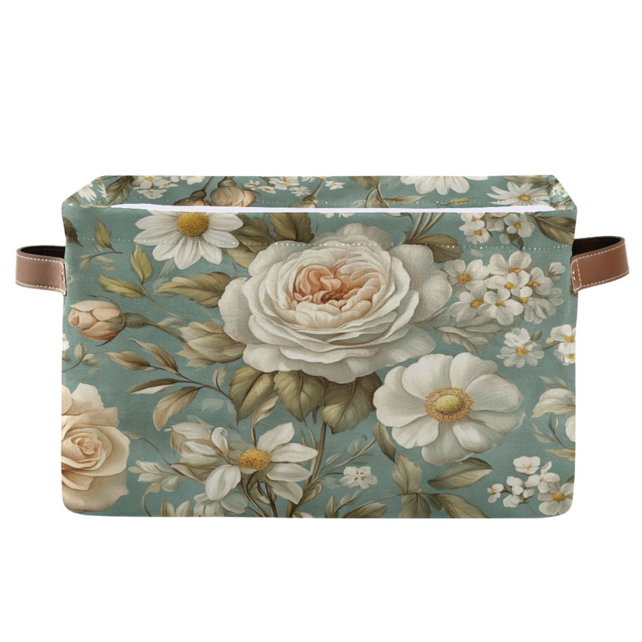 Vintage Floral Pattern Foldable Storage Basket,Canvas Fabric Foldable Storage Bins with Handles Open Home Storage Bins Boxes for Toy Book Shelf Closet Baskets