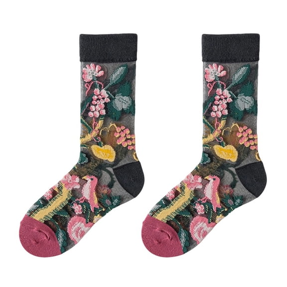 Vintage Floral Pattern Middle Calf Socks Moisture Wicking Fabric Elastic Fit See Through Socks Spring Casual Outfits