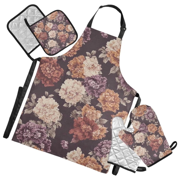 Vintage Floral Pattern Oven Mitts and Pot Holders with Chef Apron Set 5 Pcs Kitchen Cooking Set